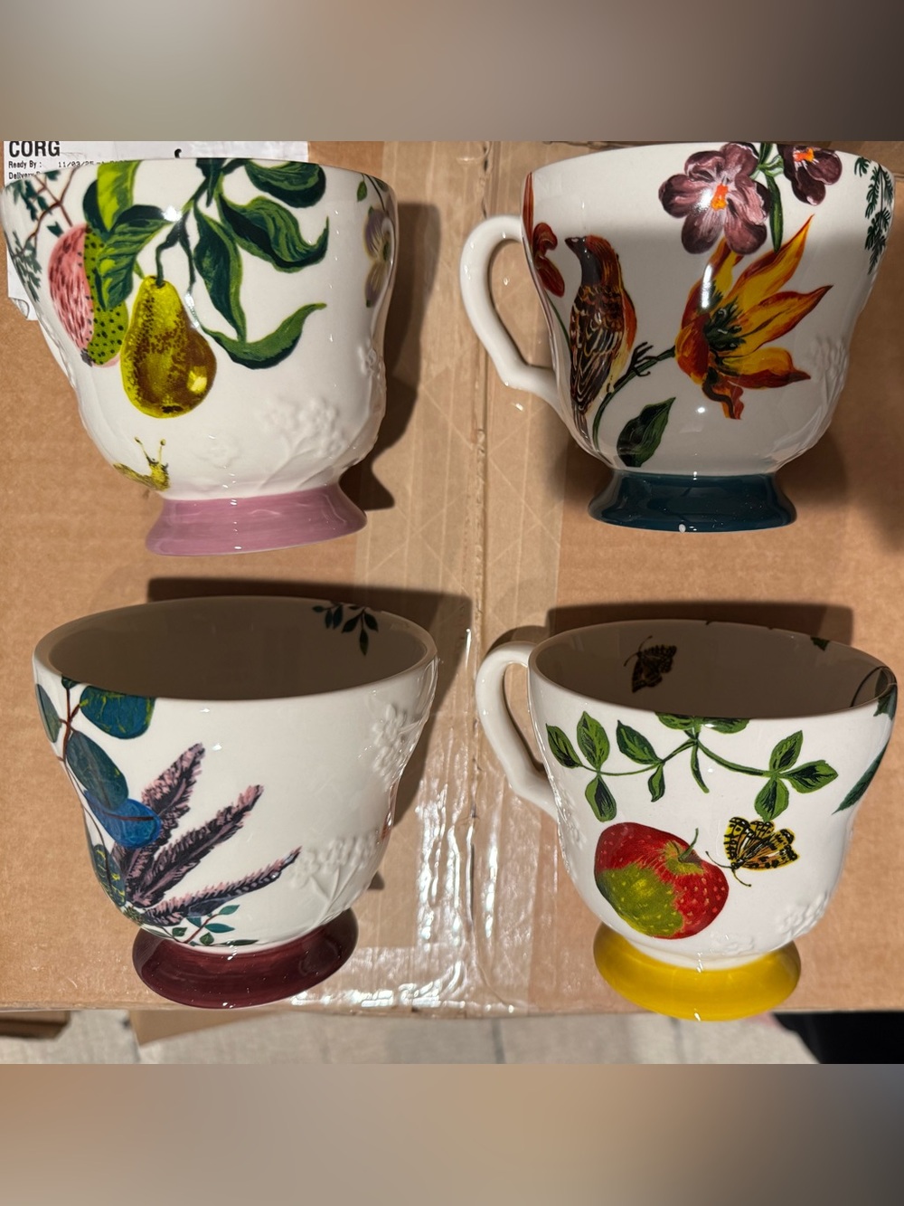 Anthropologie White Ceramic Mugs with Botanical Fruit & Bird Motifs - Set of 4